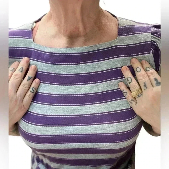 Vintage 80's,Gray & purple Striped,Midi Dress with 3/4 Sleeves-M - Picture 7 of 12